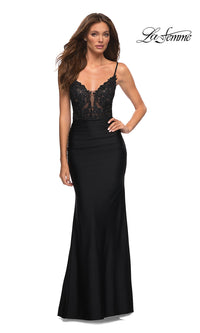 La Femme-La Femme Long Prom Dress with Sheer Lace Bodice