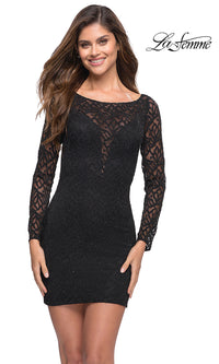 La Femme-Long-Sleeve La Femme Short Black Homecoming Dress