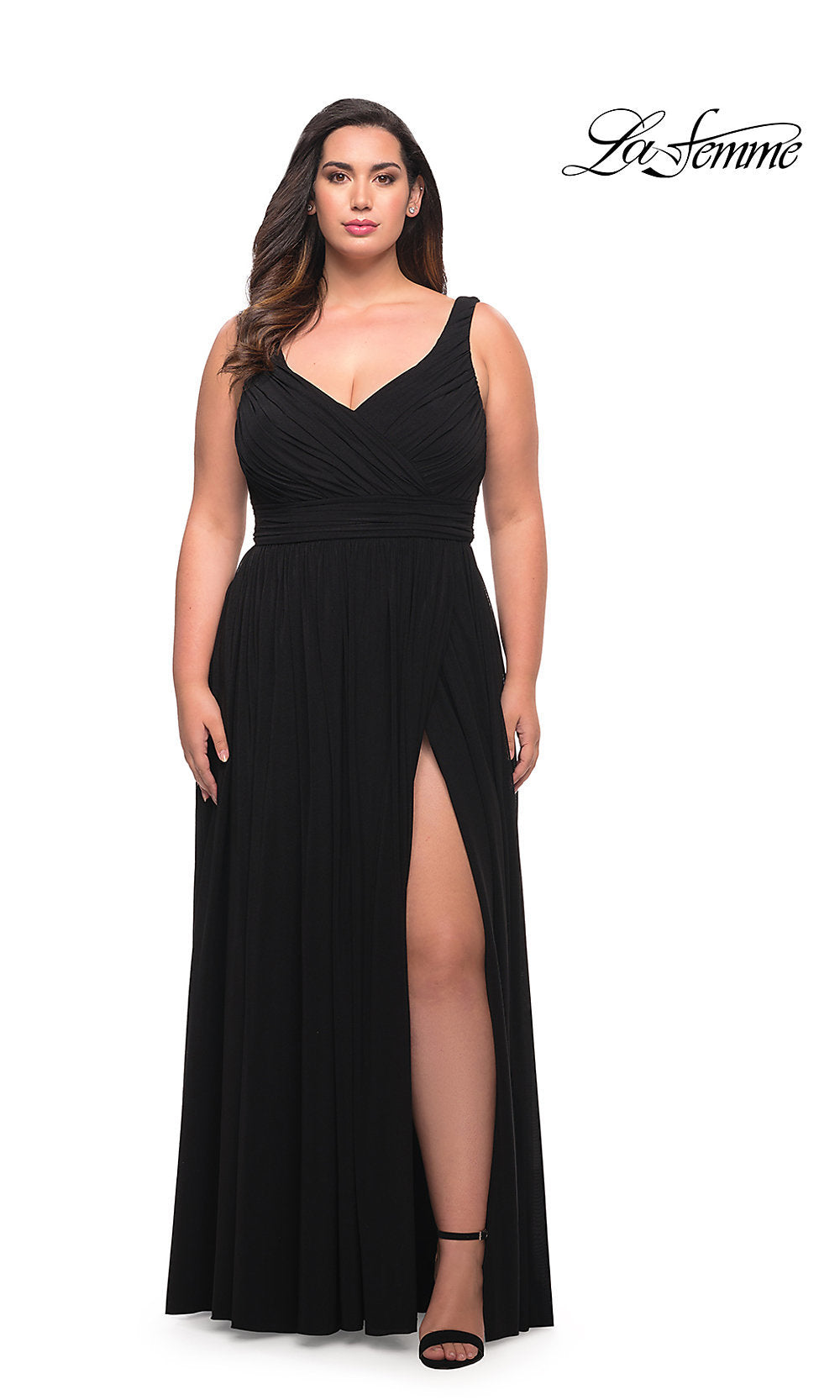 Ruched Empire-Waist Long La Femme Plus Prom Dress Black / 12W