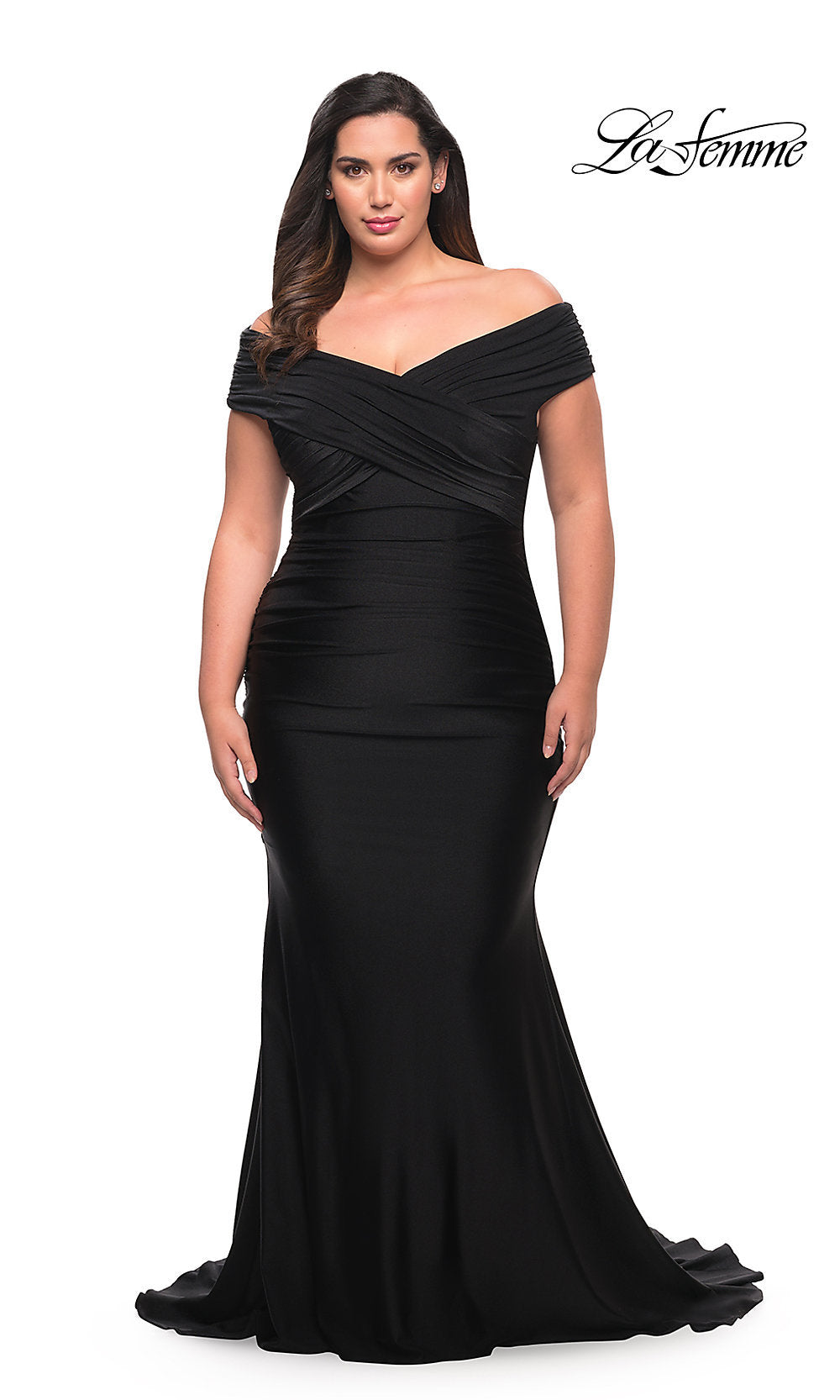 La Femme-Off-Shoulder Long La Femme Plus-Size Prom Dress