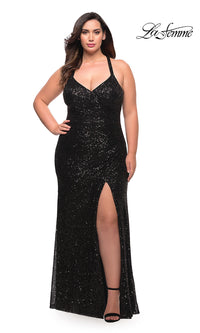La Femme-La Femme Ruched Long Sequin Plus-Size Prom Gown