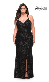 La Femme-La Femme Ruched Long Sequin Plus-Size Prom Gown