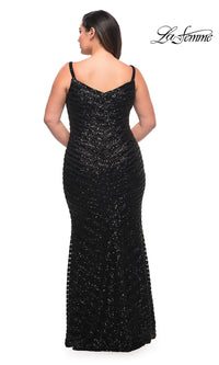 La Femme-Striped Sequin Long Plus-Size Formal Prom Dress