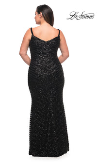 La Femme-Striped Sequin Long Plus-Size Formal Prom Dress
