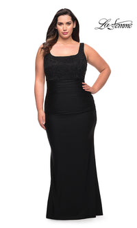 La Femme Lace-Bodice Long Black Plus Prom Dress