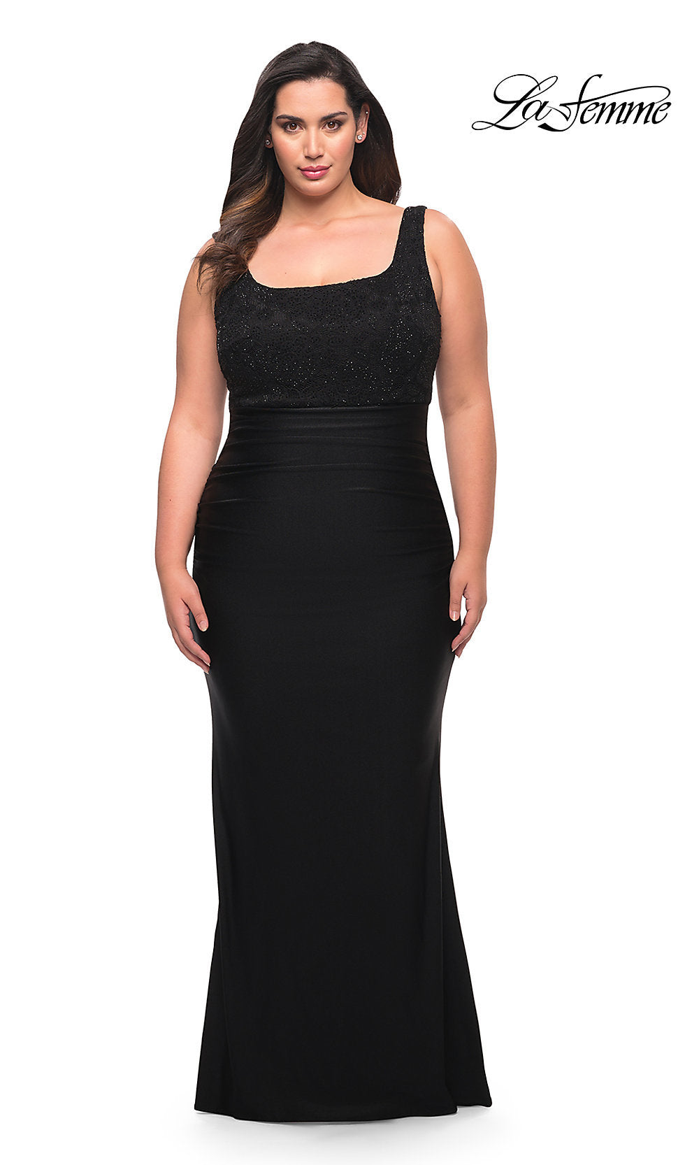 La Femme Women's Rhinestone Long Lace and Jersey Gown in Black