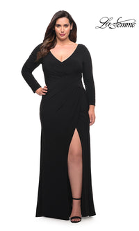 La Femme-Long Sleeve Plus Long Black La Femme Prom Dress