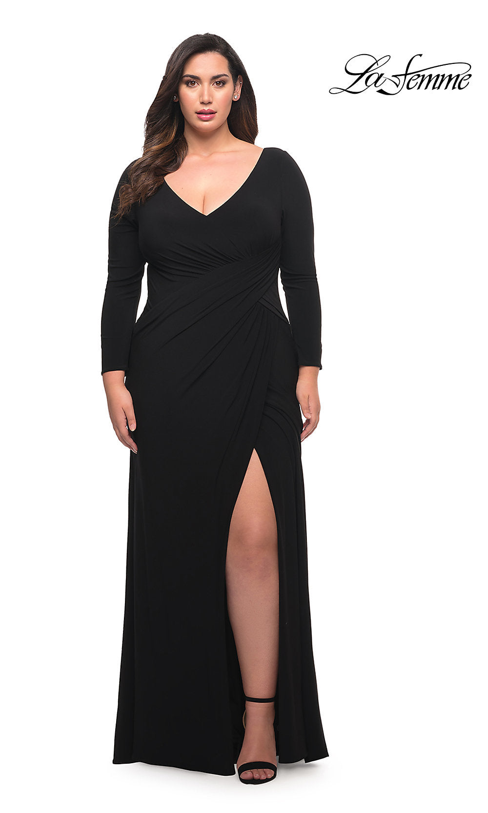 La Femme Long Sleeve Curvy Prom Dress with Ruching - Black
