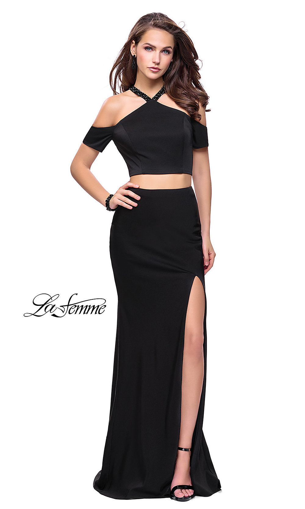 La Femme-Two-Piece Cold-Shoulder Prom Dress by La Femme