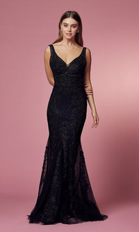 Embroidered-Tulle Long Prom Dress with Deep V-Back