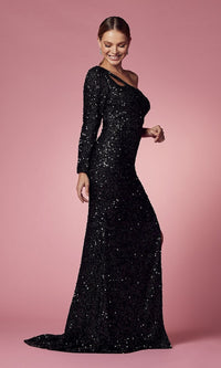 One-Shoulder Long Black Sequin Prom Gown