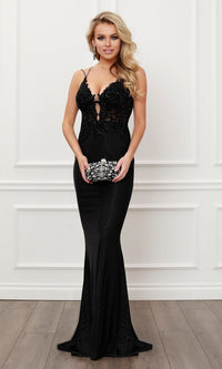 Sparkly Formal Black Strappy-Back Long Prom Dress