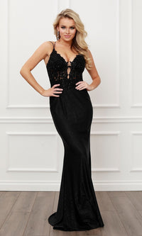 Sparkly Formal Black Strappy-Back Long Prom Dress