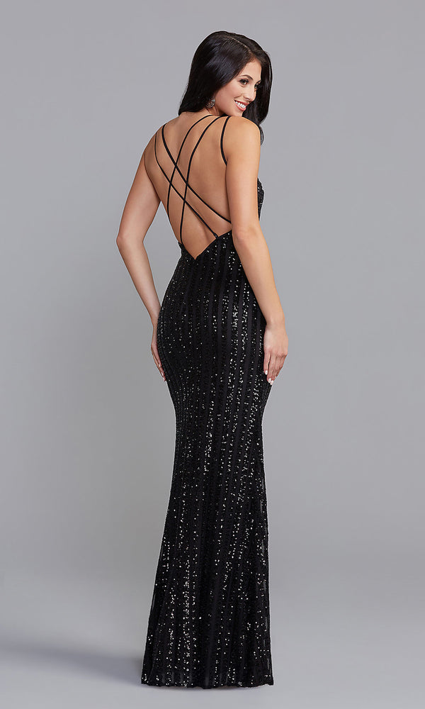 Sequin-Striped Long Strappy-Back Prom Dress - PromGirl