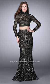 La Femme-Long Sleeve Lace Two-Piece Dress
