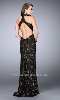 La Femme Long Lace Prom Dress with Open Back