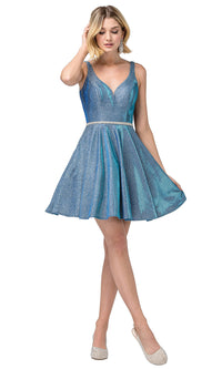 Dancing Queen-Metallic Glitter Short Prom Dress with Pockets