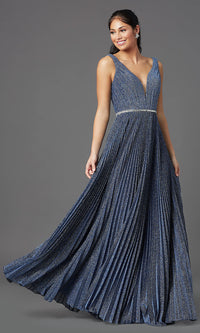 Long V-Neck Glitter Blue Prom Dress by PromGirl