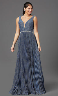 Long V-Neck Glitter Blue Prom Dress by PromGirl