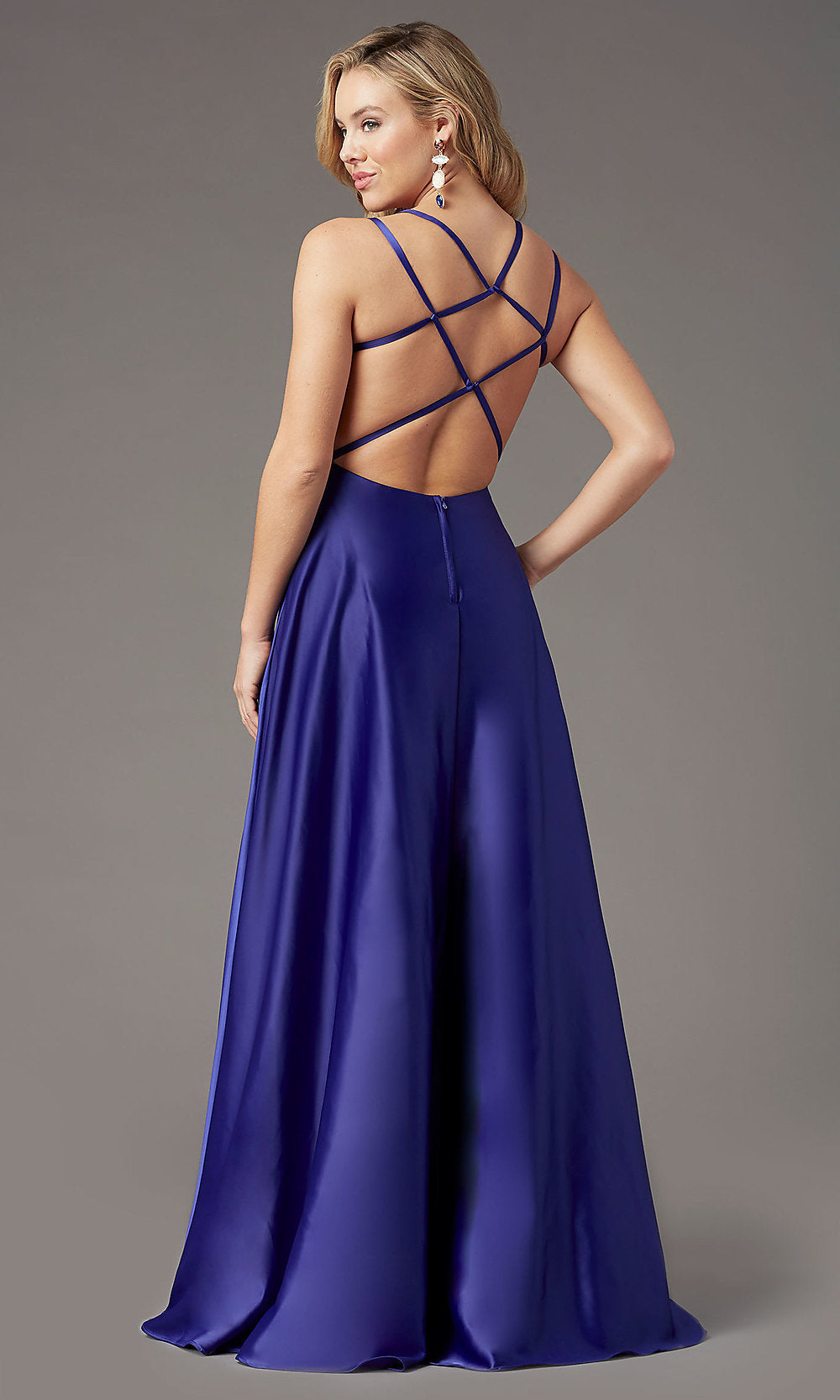 Strappy-Open-Back Satin Long Prom Dress by PromGirl