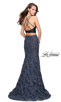 La Femme-Long Two-Piece Denim Print Prom Dress