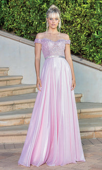 Dancing Queen-Sheer Embroidered-Bodice metallic long prom dress.