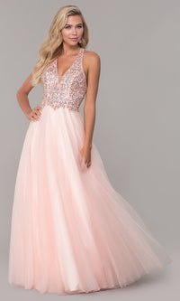 Long V-Neck Tulle Prom Dress with Beaded Bodice