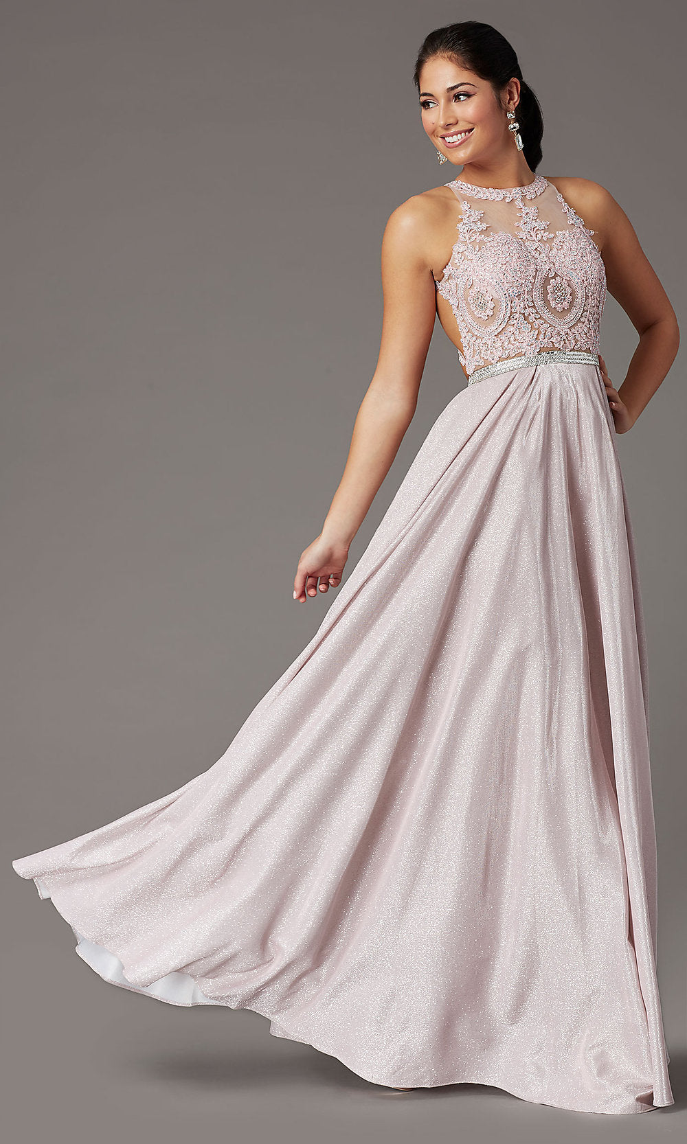 Dancing Queen-Long A-Line Glitter-Knit Prom Dress with Pockets