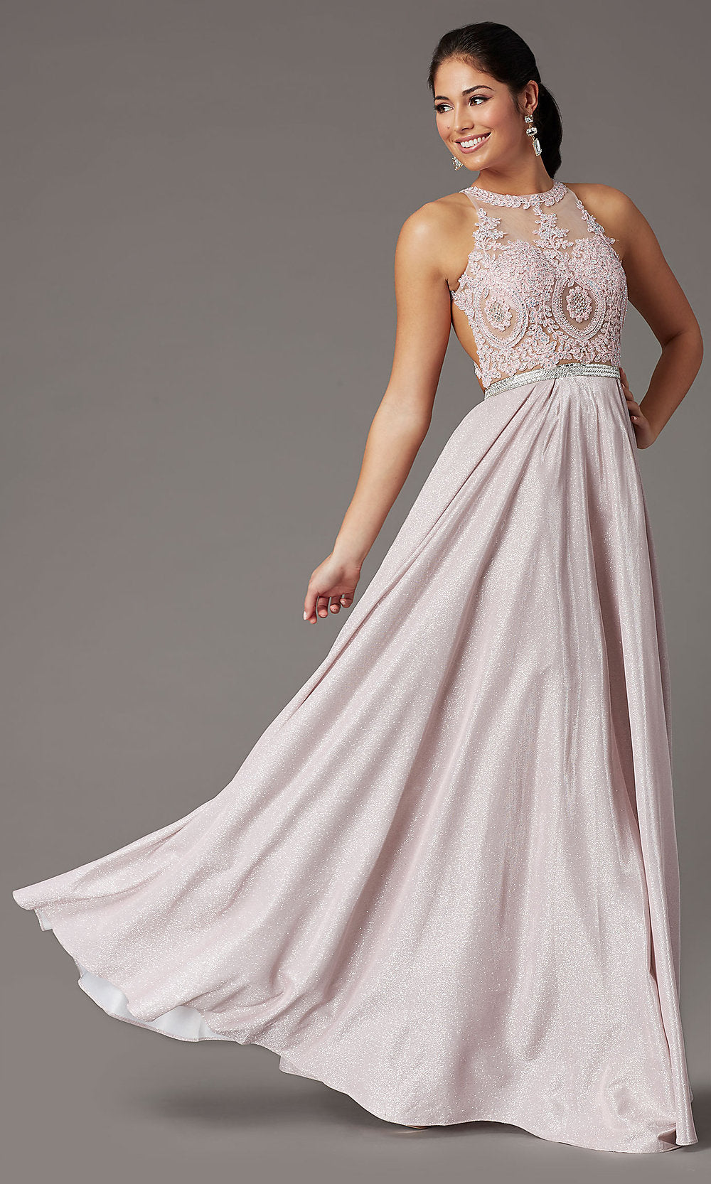 Long A-Line Glitter-Knit Prom Dress with Pockets