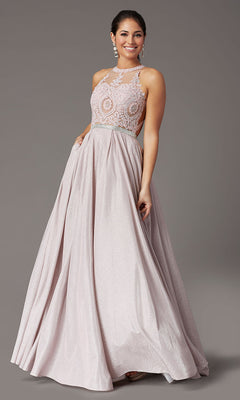 Dancing Queen-Long A-Line Glitter-Knit Prom Dress with Pockets