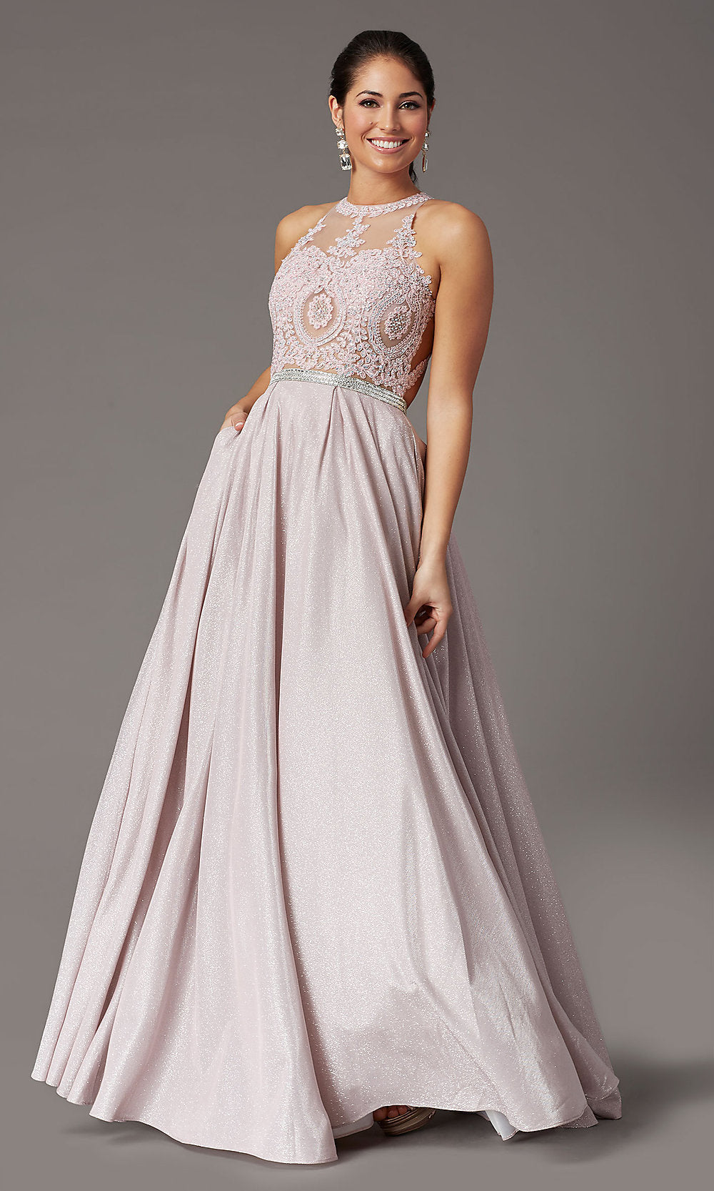 Dancing Queen-Long A-Line Glitter-Knit Prom Dress with Pockets