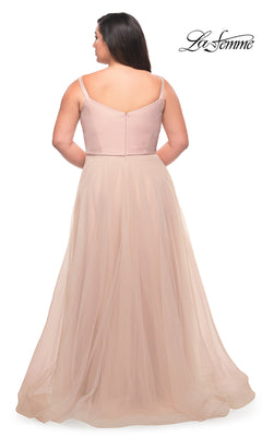 La Femme Women's Long Plus Size Gown with Tulle Skirt and Satin Top - Pink
