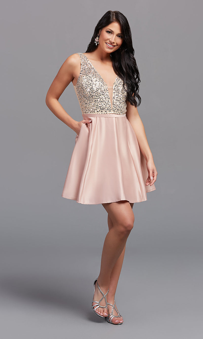 Short VNeck SequinBodice Hoco Party Dress PromGirl
