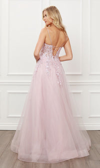 Narianna-Blush Pink Embroidered Sheer-Corset Prom Ball Gown