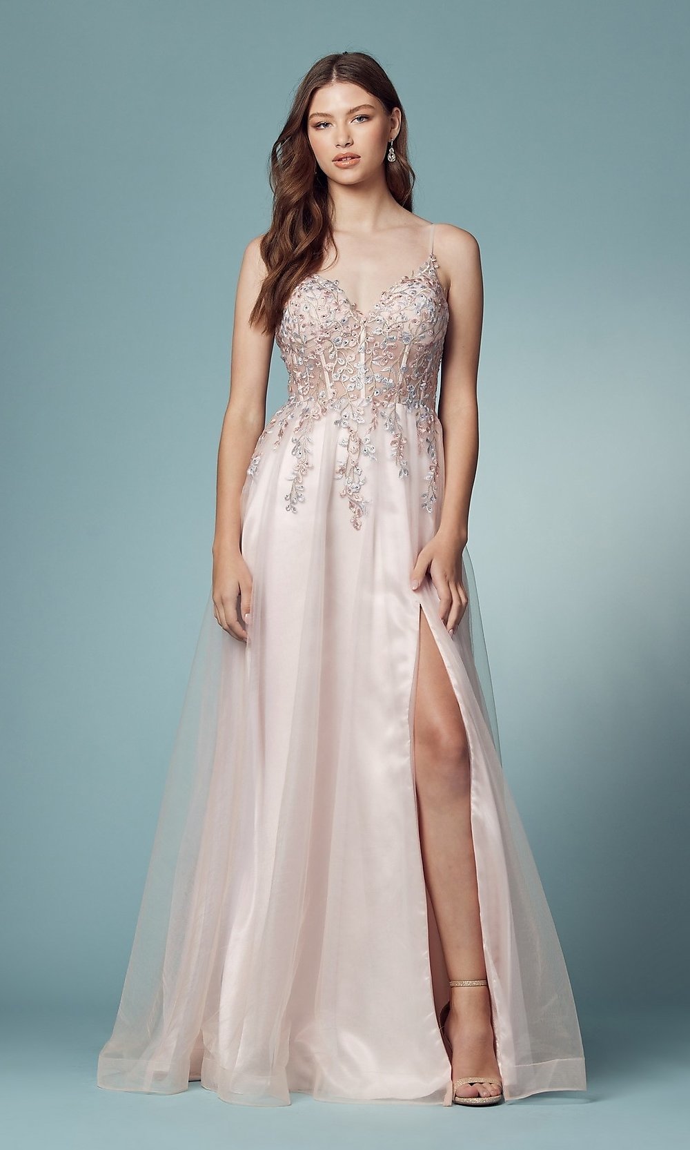 Narianna-Embroidered-Bodice Prom Ball Gown in Blush Pink