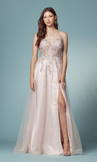 Narianna-Embroidered-Bodice Prom Ball Gown in Blush Pink