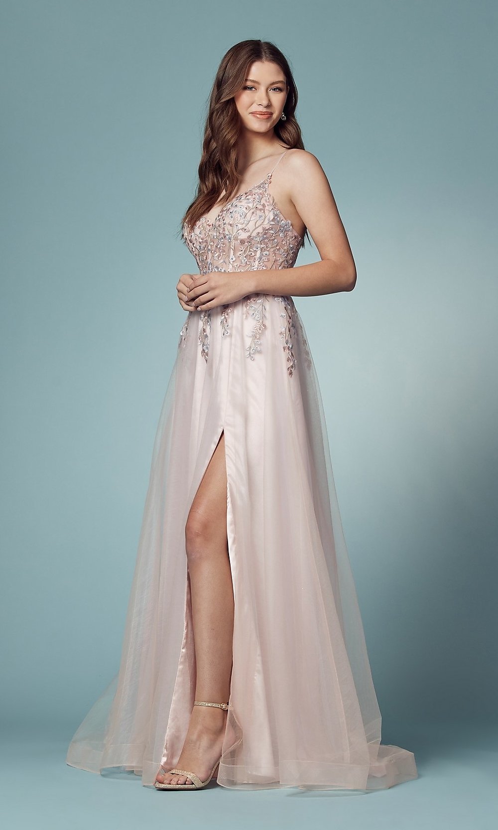 Narianna-Embroidered-Bodice Prom Ball Gown in Blush Pink