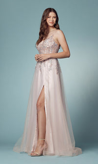Narianna-Embroidered-Bodice Prom Ball Gown in Blush Pink