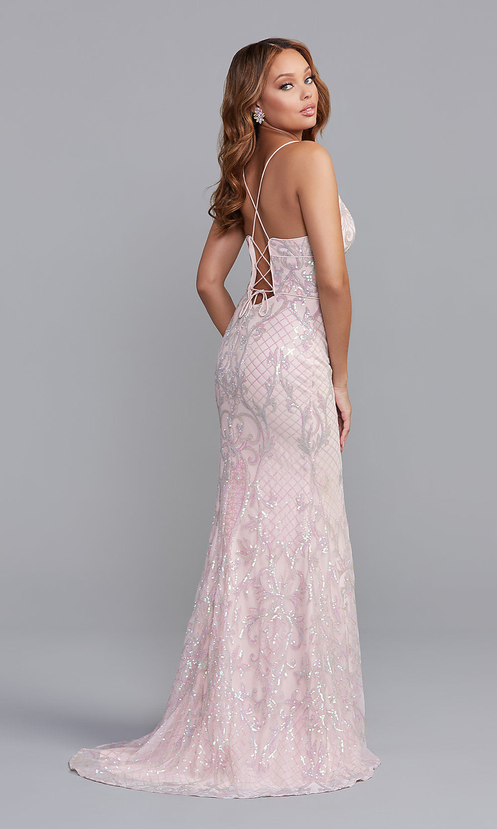 Long Sequin-Pattern Corset-Back Prom Dress - PromGirl