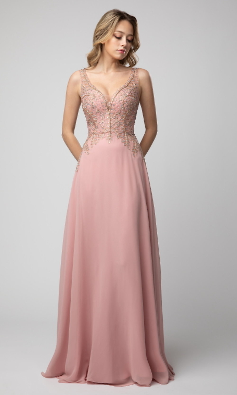 V-Neck Long Shail K Prom Dress with Beaded Bodice