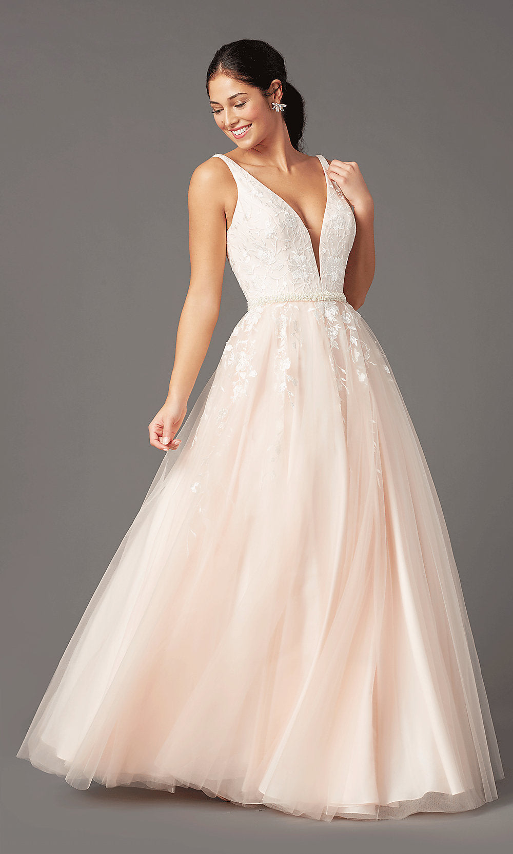 Long Deep-V-Neck Prom Ball Gown by PromGirl