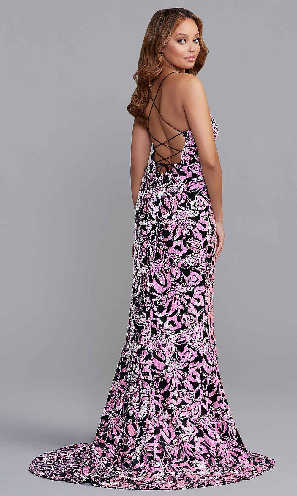 Sequin-Print Long Velvet Prom Dress by PromGirl
