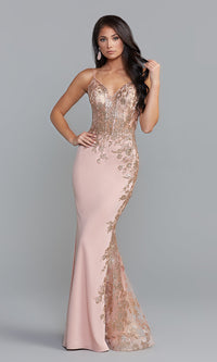 PromGirl Long Pink Prom Dress with Gold Accents