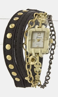 Watch Bracelet with Studded Leather and Chains