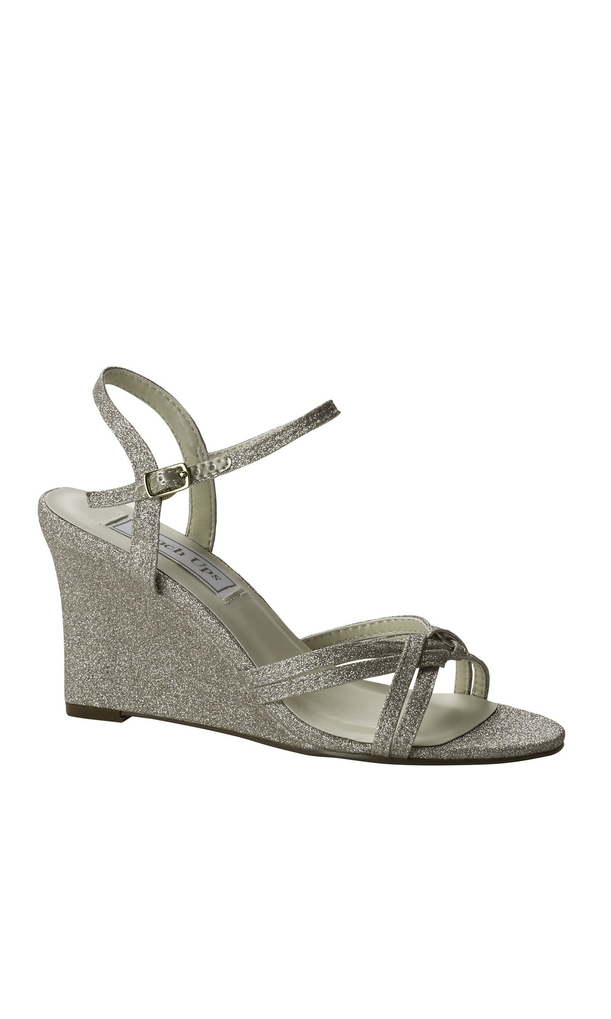 The Champagne 3in Wedge Prom Shoes 4243 feature glittery straps, an ankle strap closure, open toe, and a crisscross front design—perfect for prom.
