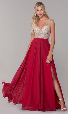Dancing Queen-Long Illusion-Beaded-Bodice V-Neck Prom Dress