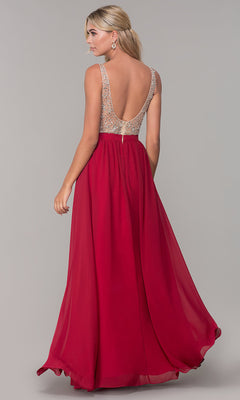 Dancing Queen-Long Illusion-Beaded-Bodice V-Neck Prom Dress