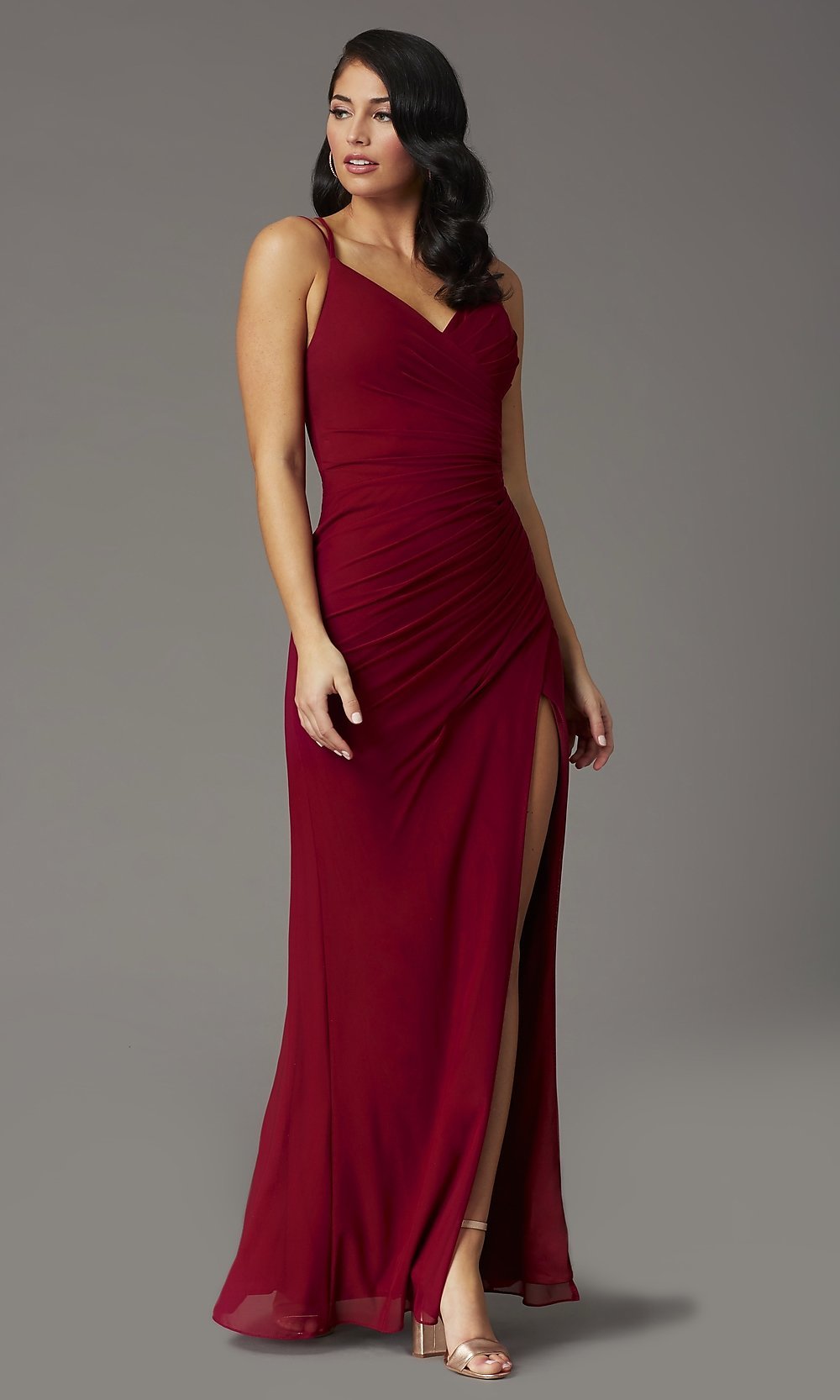 V-Neck Pleated Chiffon Tight Long Prom Dress with Slit– PromGirl