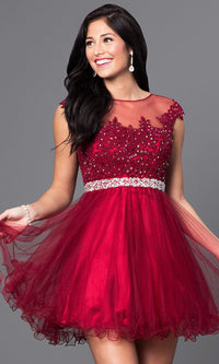 Dancing Queen-Cap-Sleeve Short Homecoming Dress with Beading