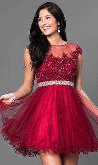 Dancing Queen-Cap-Sleeve Short Homecoming Dress with Beading